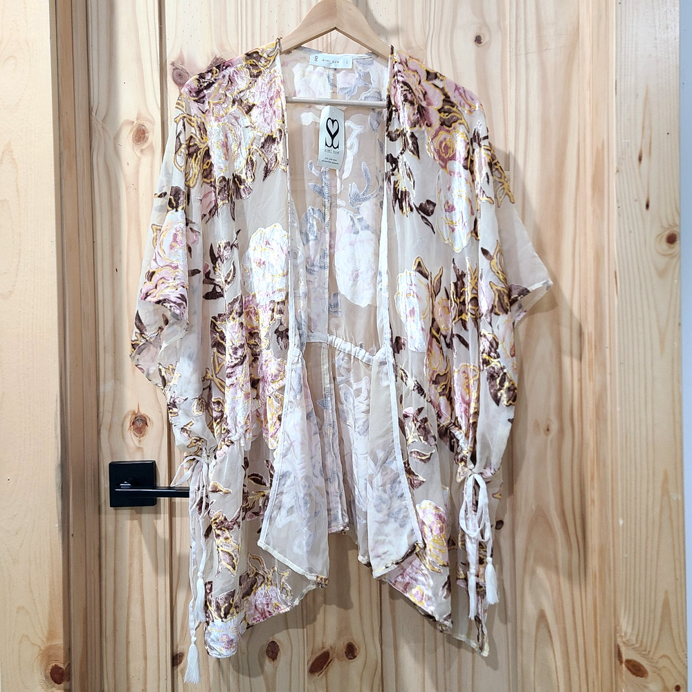 NWT Simi Sue Kimono Open Front Sheer Floral Velvet Cardigan Fairy Boho Size L